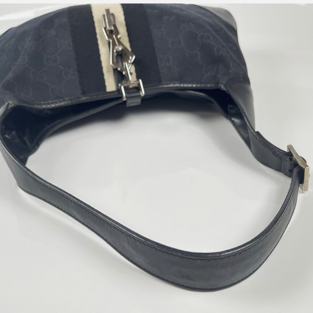 GUCCI Jackie GG Canvas Web Stripe Shoulder Bag Black Leather Vintage Authentic - Picture 5 of 13